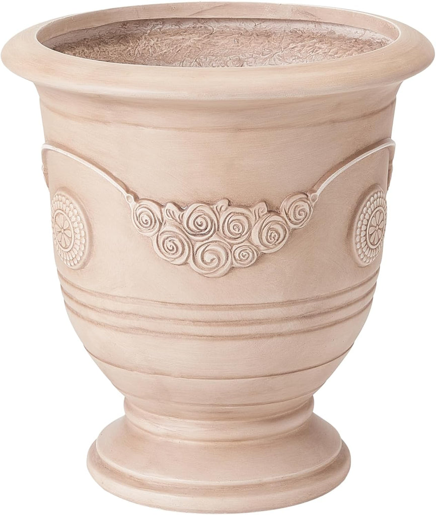Rewol Round Concrete Planter Set of 2, 2 Pack Garden Flower Pot with Drainage Hole, Floral Relif Patio Urn Planter