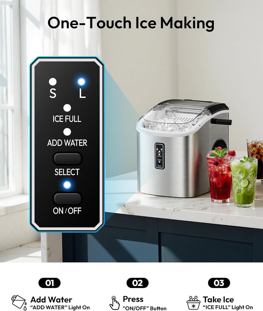 Ice Maker Countertop, 9 Cubes Ready in 6 Mins, 26lbs/24H, Self-Cleaning, Portable Ice Maker Machine with Carry