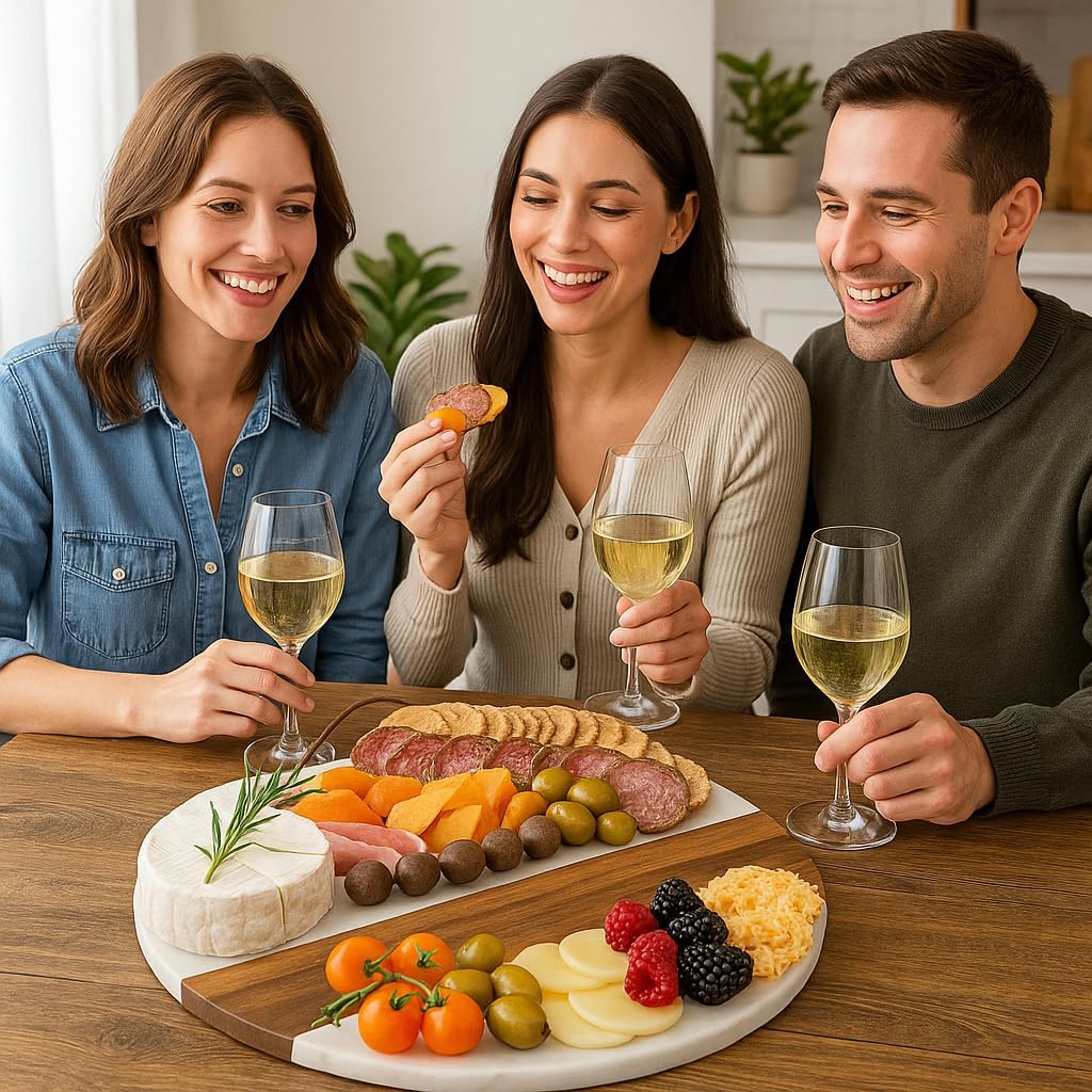 Marble Charcuterie Board Gift Set - 12" Round Cheese Board with 3 Gold Stainless Steel Knives, Leather Strap & Gift