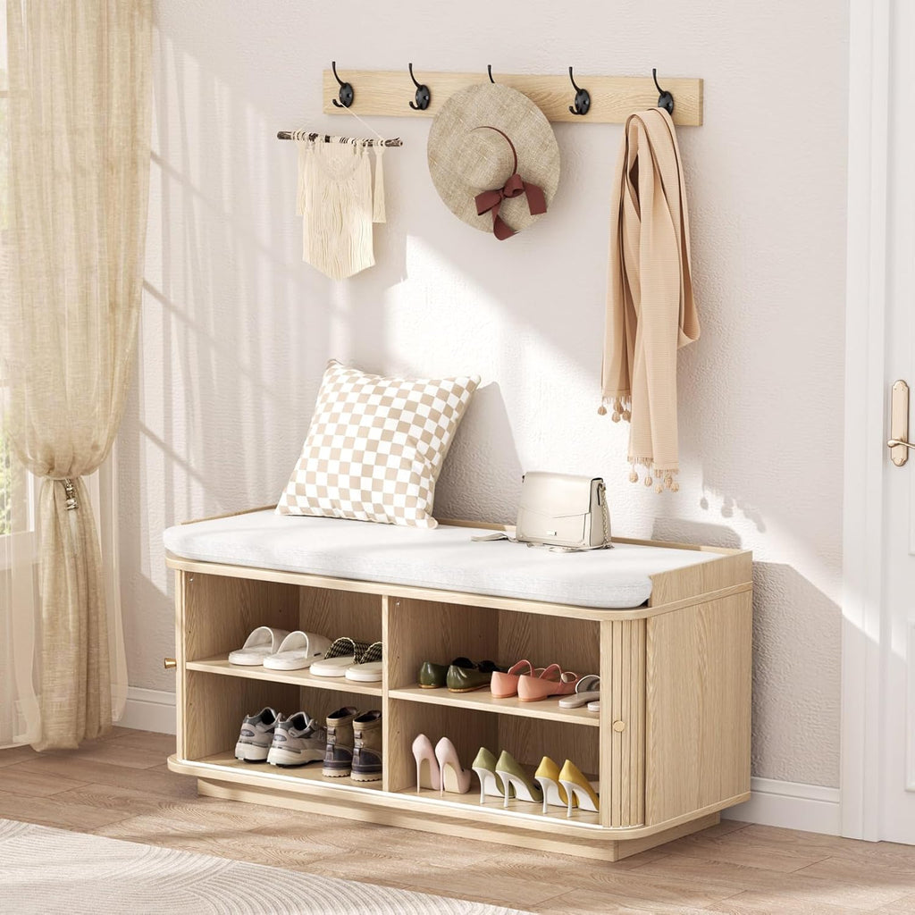 Hall Tree with Bench and Shoe Storage, Entryway Bench with Sliding Door Cabinet, Removable Padded, Metal Wall Hooks