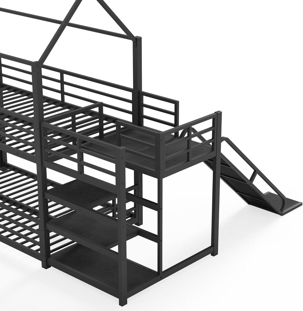 Metal Bunk beds Twin Over Twin with Slide and Storage Stairs, House Floor bunk Bed with guardrail for Kids,Black