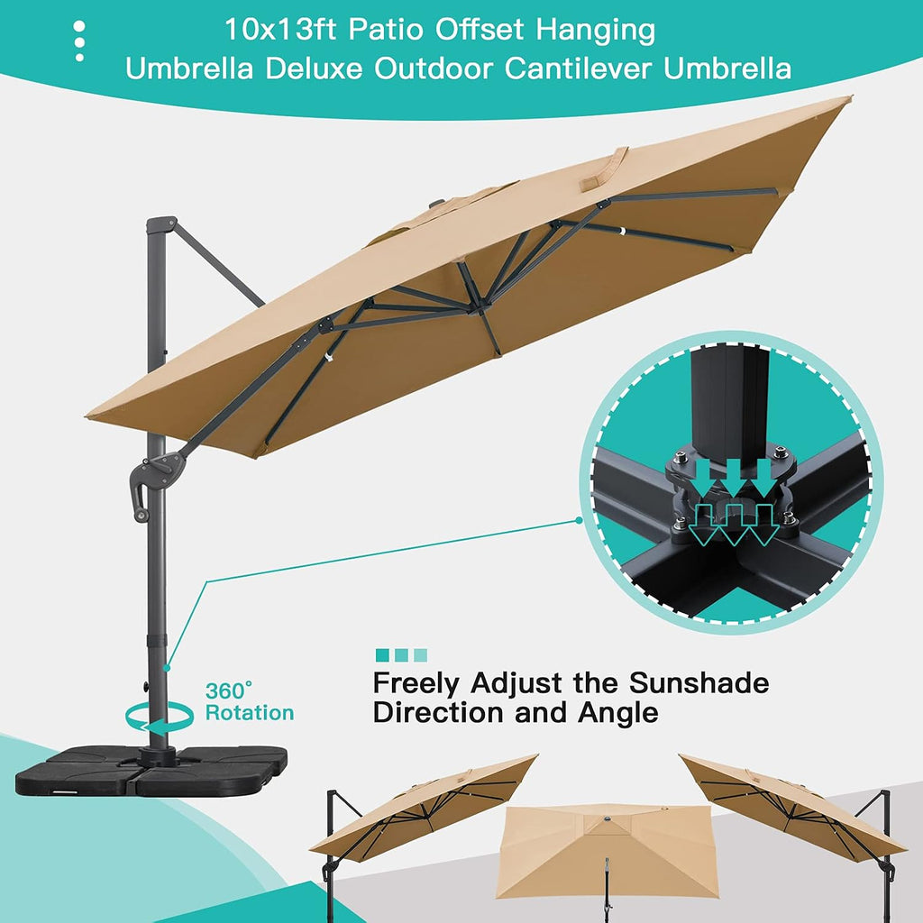 10x13Ft Cantilever Patio Umbrella Rectangular Deluxe Offset 360°Rotation & Integrated Tilting System Hanging Umbrella