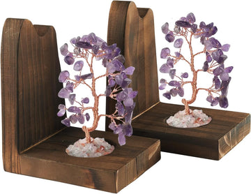 Wood Bookends for Shelves with Crystal Tree, Geode Bookstoppers for Heavy Books,Agate Stone Boodend Decor for Unique