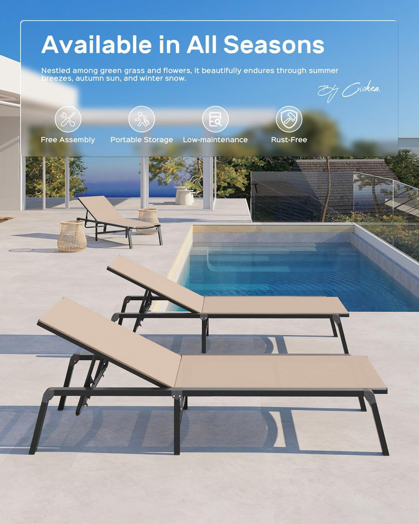 Aluminum Chaise Lounge Ourdoor - Foldable & Assemble Free Outdoor Lounge Chair with 5 Adjustable Backrest, Patio