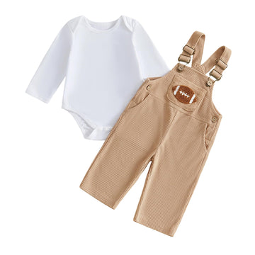 Baby Boy Football Corduroy Overalls Set Long Sleeve Bodysuit Infant Outfit (Khaki, )