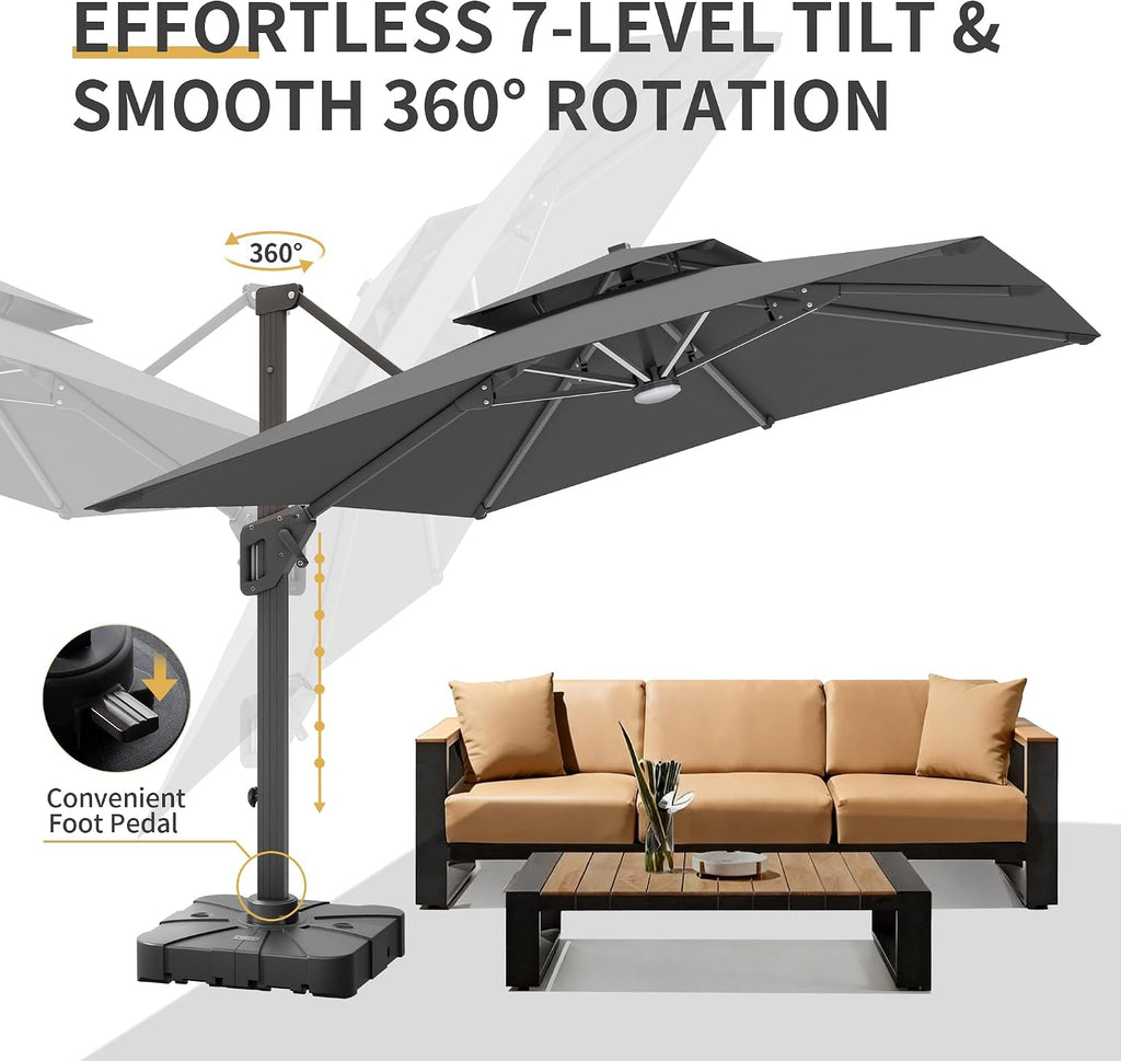 10 X 13 FT Cantilever Patio Umbrella with Base Included & Led Lights Outdoor Rectangle Offset Large Double Top Heavy - G