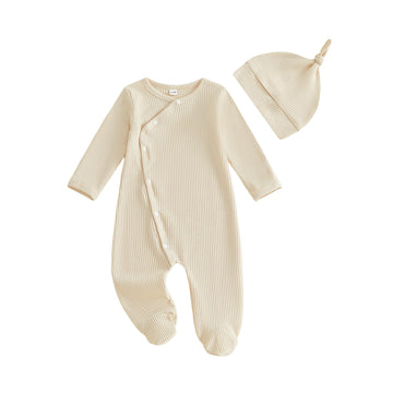 Newborn Baby Boy Going Home Outfit Kimono Romper Jumpsuit With Mitten Cuffs Beanie Hat Waffle Fall Winter Clothes