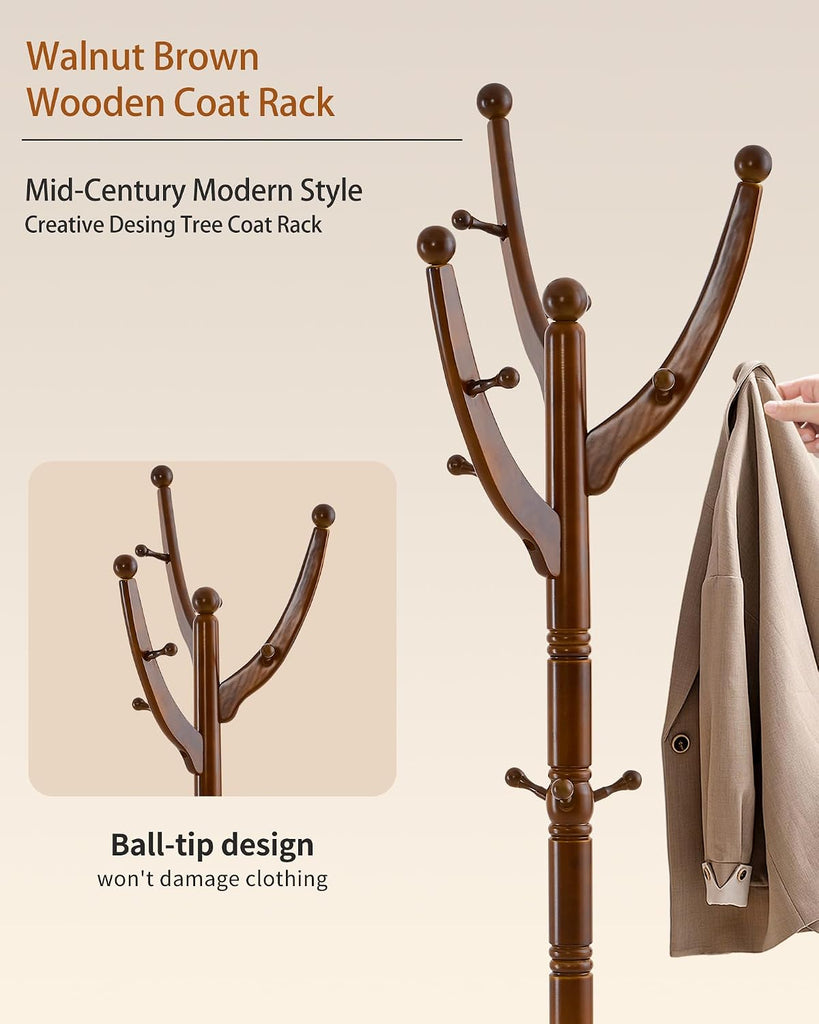Wooden Coat Rack Freestanding, Solid Wood Coat Rack Stand with 13 Hooks, Mid-Century Modern Heavy Duty Coat