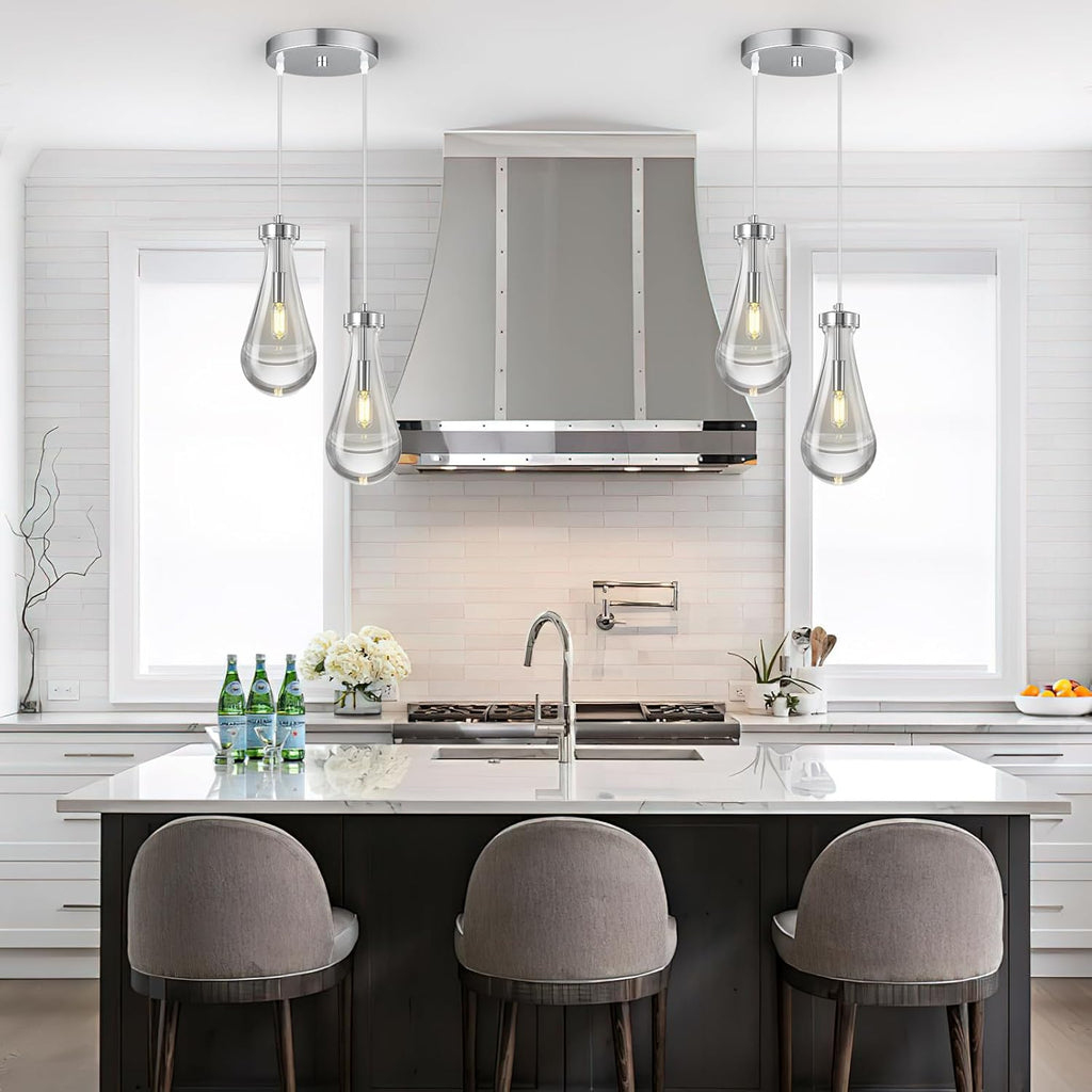 Raindrop Pendant Lights Kitchen Island Teardrop Chrome Hanging Light Fixtures Clear Solid Glass Pendant Light Modern Chandeliers for Dining Room Porch Corridor Living Room (2-Light)
