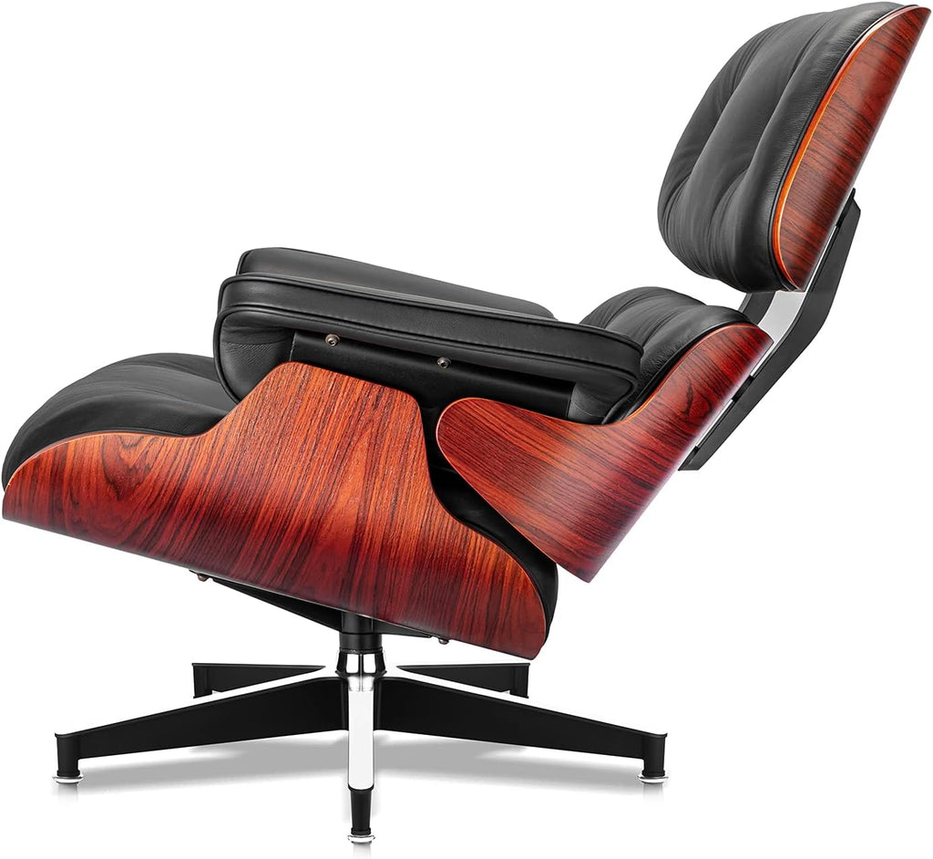 Mid-Century Modern Lounge Chair & Ottoman — Black Bonded Grain Leather, Rosewood Base, Tall Back