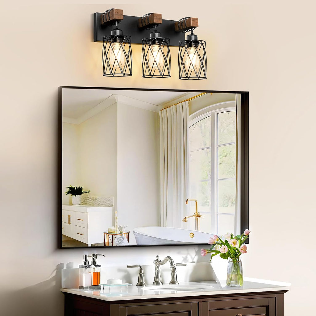 Farmhouse Bathroom Vanity Light, 3-Light Wood Bathroom Light Fixtures Over Mirror, Black Industrial Vanity Lights