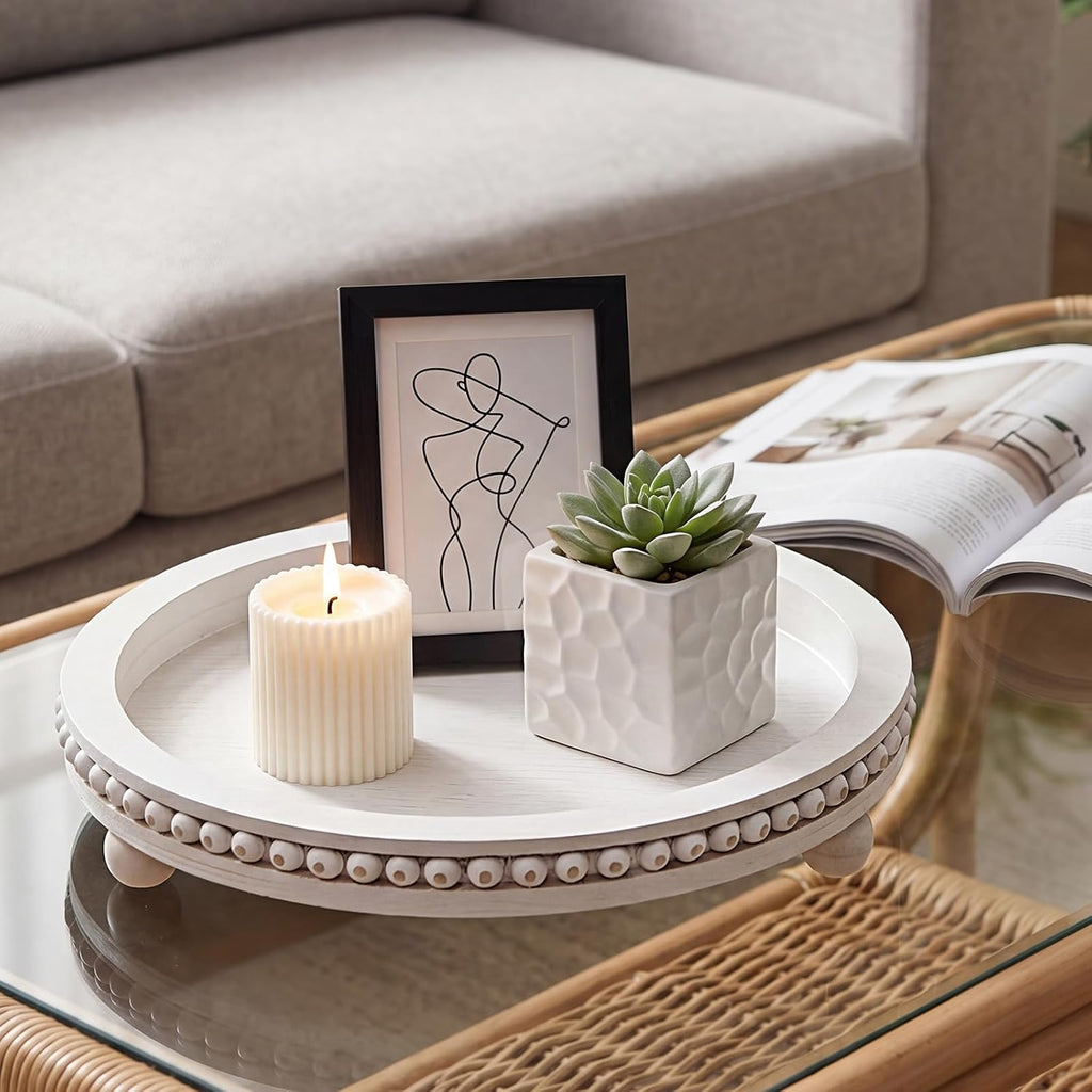 11.8 Inch Round Wooden Decorative Tray, Distressed White Farmhouse Beaded Tray for Coffee Table, Rustic Wood