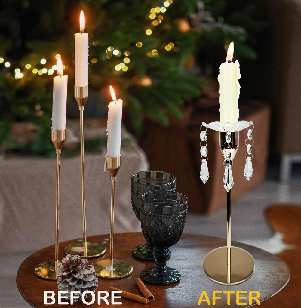 4 Pieces Bent Glass Candle Bobeches with Crystal Prisms Pendant, Taper Candle Wax Catcher Rings