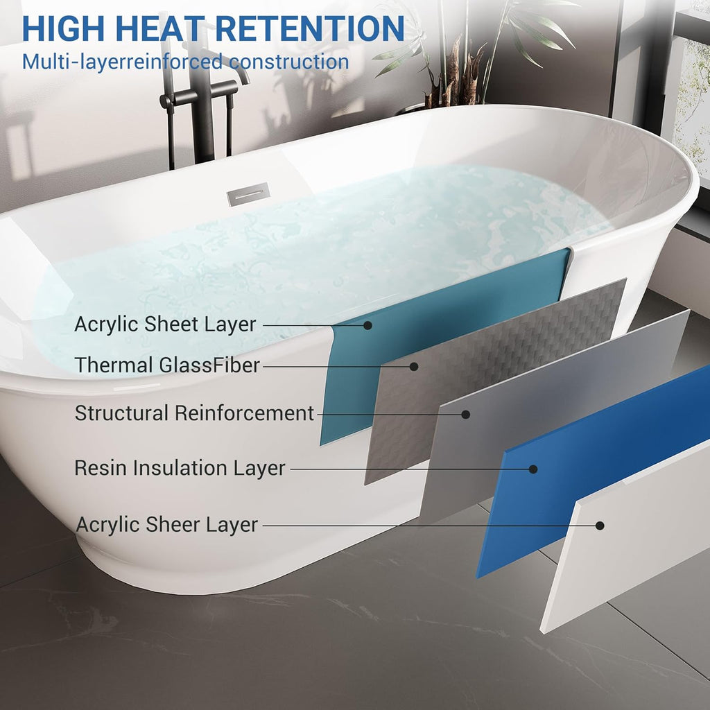 Freestanding Bathtub 59 inch Acrylic White Oval Soaking Tub with Push Drain, Compact Modern Bath for Bathroom