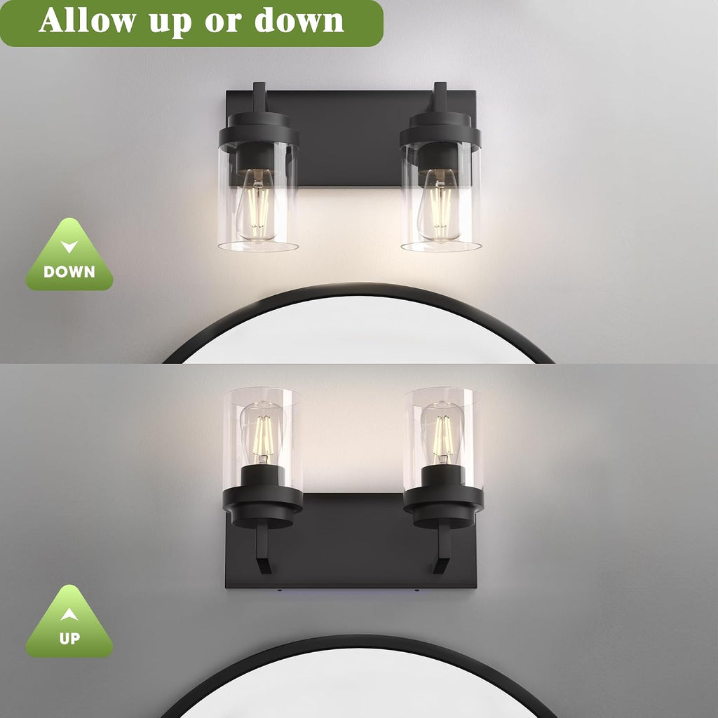 Bathroom Vanity Fixtures, 2 Light Matte Black Vanity Light with Clear Glass Shade, 15in Farmhouse wall Light