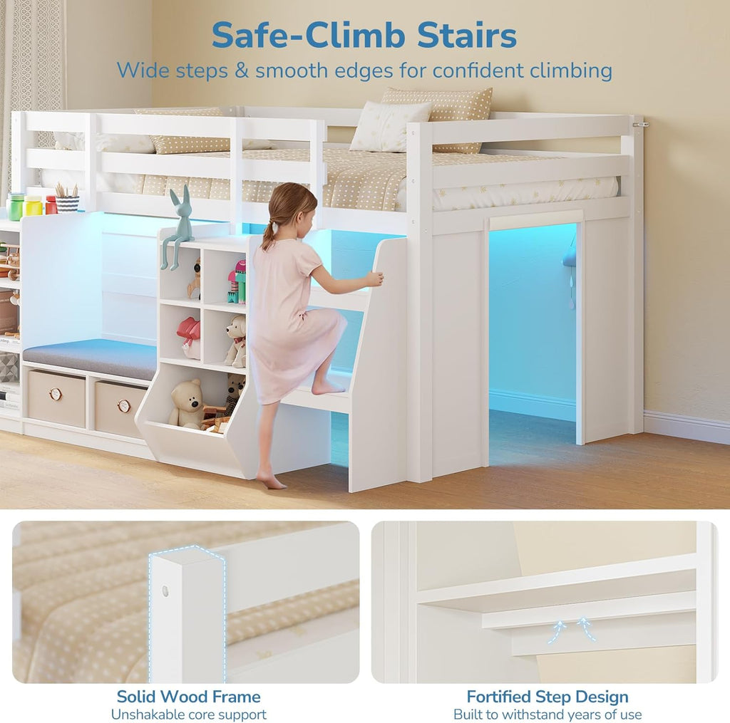 Low Loft Bed Twin with LED Lights, Wooden Kids Twin Loft Bed with Storage Bookcase, Toy Box