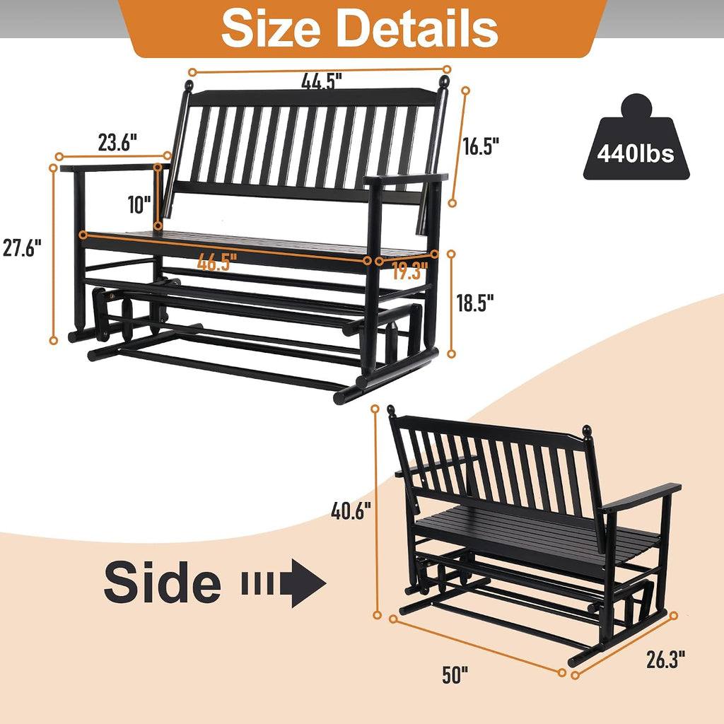 Patio Glider Bench Outdoor, Porch Swing Glider for Outside, Wooden 2-Person Loveseat Rocking Bench Funiture, Black