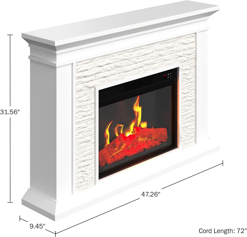 Electric Fireplace with Mantel - Freestanding Heater with Remote Control, Light-Adjustable LED Flames, and Faux Logs