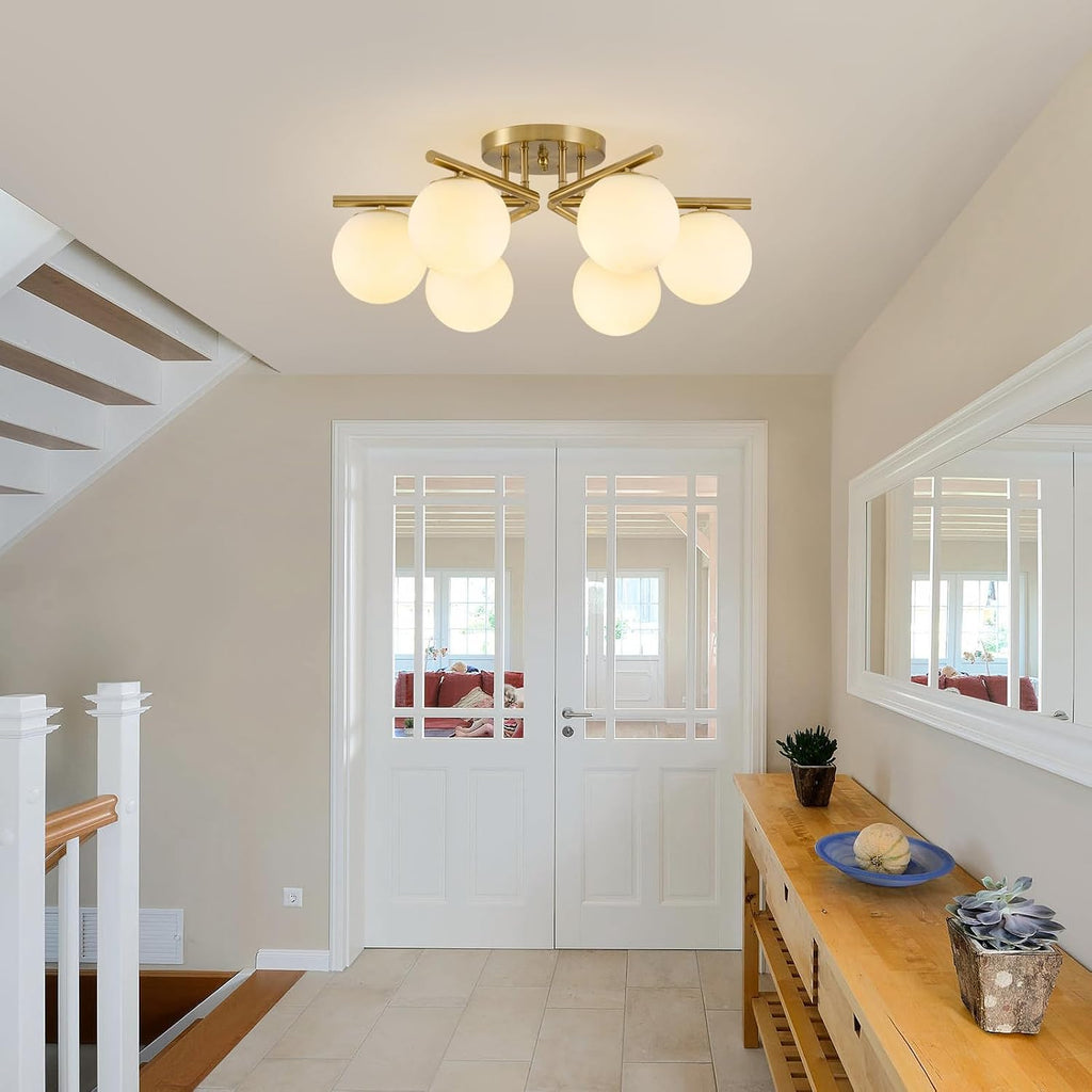 6 Lights Sputnik Ceiling Light Fixture,Semi Flush Mount Ceiling Light Sputnik with Milk Glass Globe, Brushed Brass