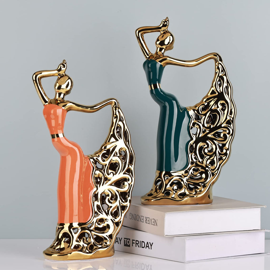 Ceramic Peacock Dancer Statue, Green and Gold Home Decor, Ballerina Sculpture, Peacock Home Decor for Room Corner