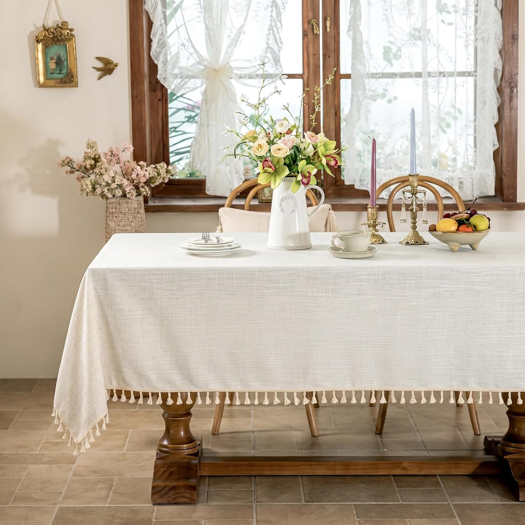 Textured Table cloth for 6 foot Rectangle table, Heavy Duty Farmhouse Tablecloth Solid Cotton Linen Waterproof Wrinkle
