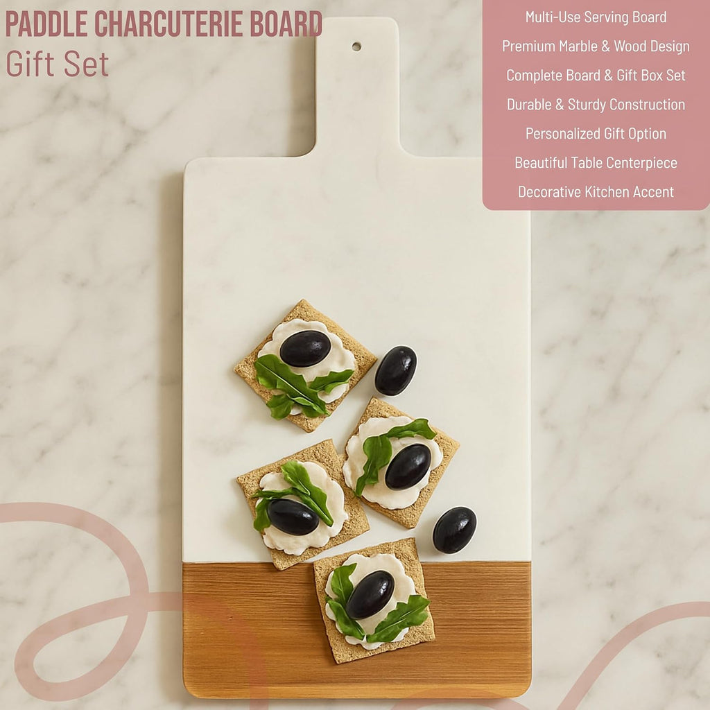 Personalized Charcuterie Boards Gift Set, Marble and Wood Cheese Board Set with Handle, Custom Cutting Board