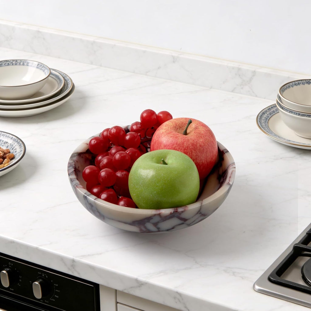 Luxury Natural Marble Fruit Bowl - Large 7.8-Inch Calacatta Viola Marble Counter Fruit Serving Holder, Decorative