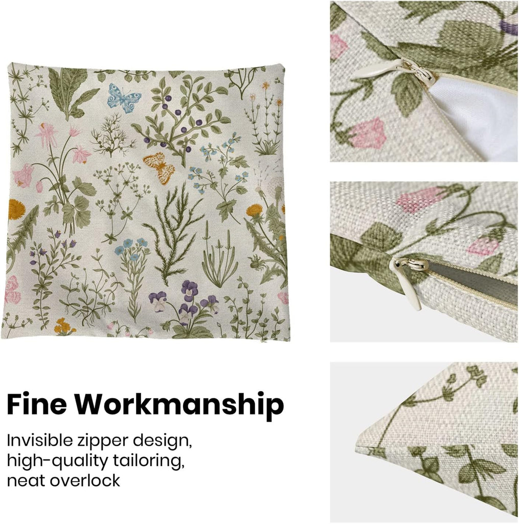 Spring Pillow Covers 18x18 Inch Set of 2,Sage Green Wild Flower Plant Throw Pillows Case,Seasonal Floral Outdoor