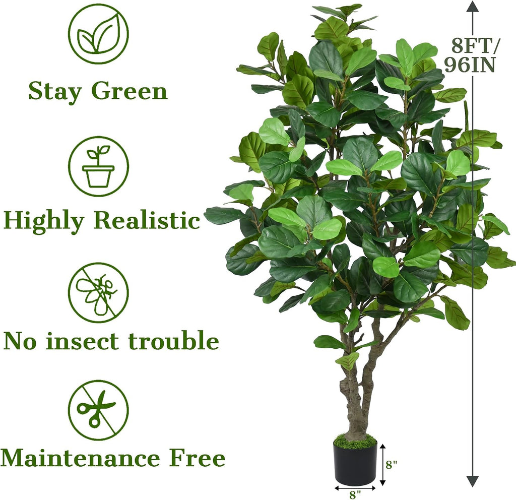 8FT Artificial Fiddle Leaf Fig Tree - Tall Faux Ficus Lyrata Plant with 260 Realistic Leaves and Trunk, Large Fake