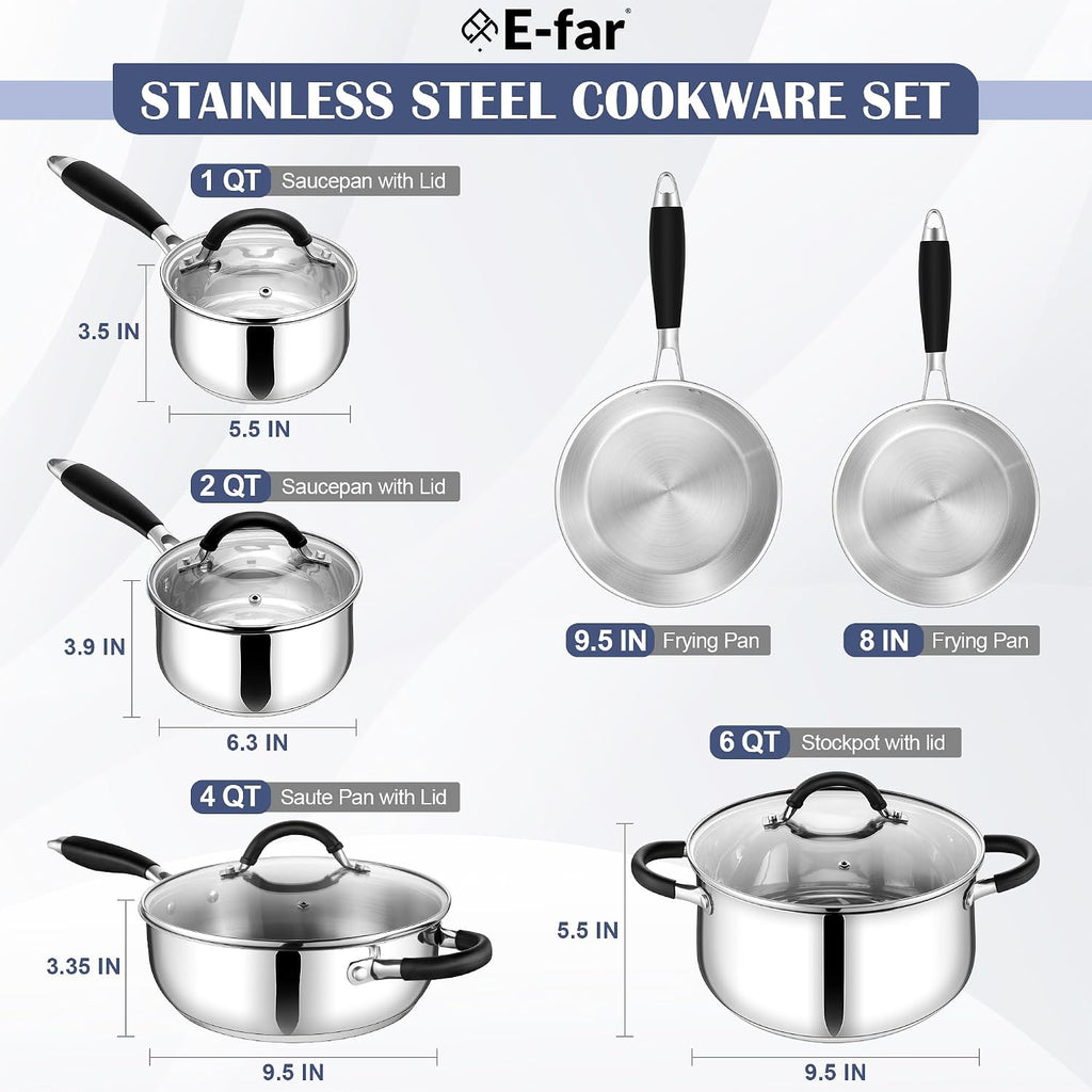 10-Piece Stainless Steel Cookware Set - Induction Pots and Pans Set | Tri-Ply Base with Stay-Cool Handles, Dishwasher