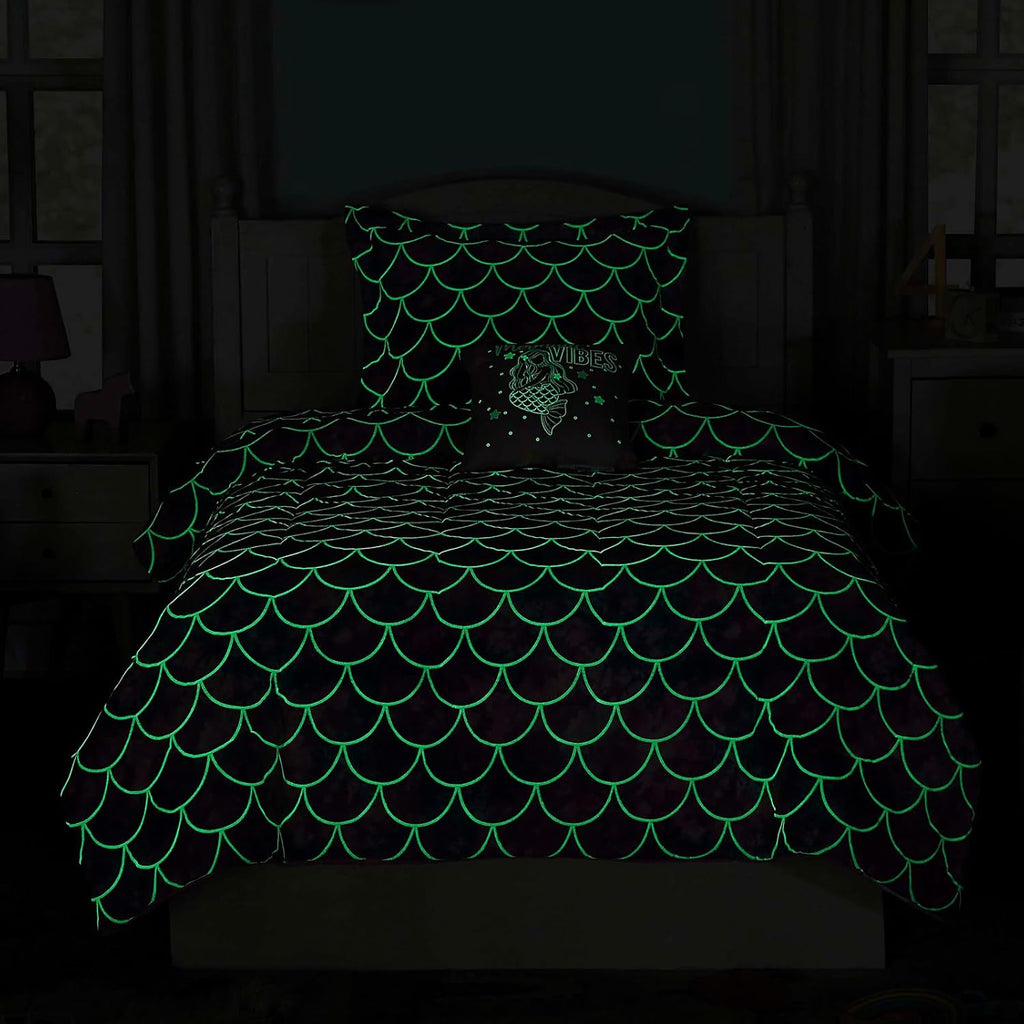 Comforter Set for Girls-3 Pieces Mermaid Glow in the Dark Bedding Sets for Kids, 1 Comforter, 1 Sham and 1