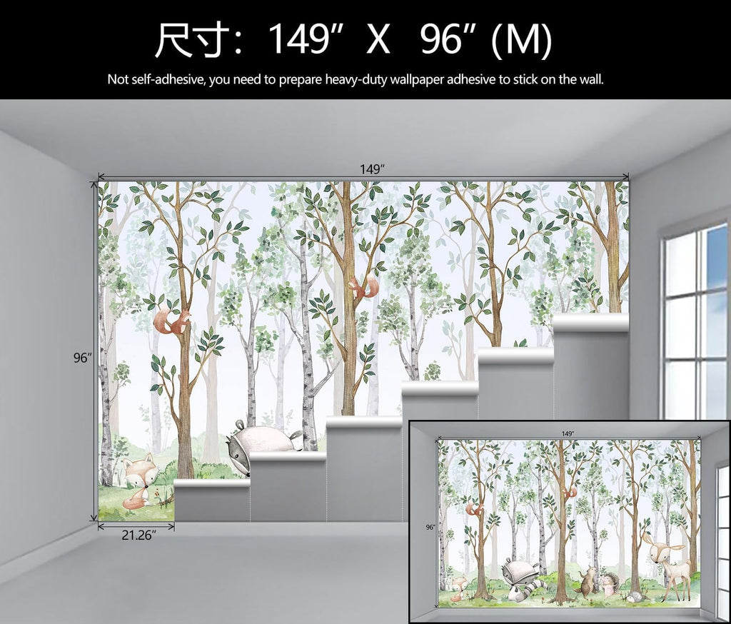 Nursery Animals Forest Wallpaper Mural for Kids Room Bedroom | 149"x96" Not Peel and Stick