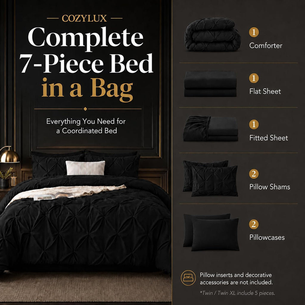 King Comforter Set Black, 7 Pieces Pintuck Bed in a Bag - Set of 7