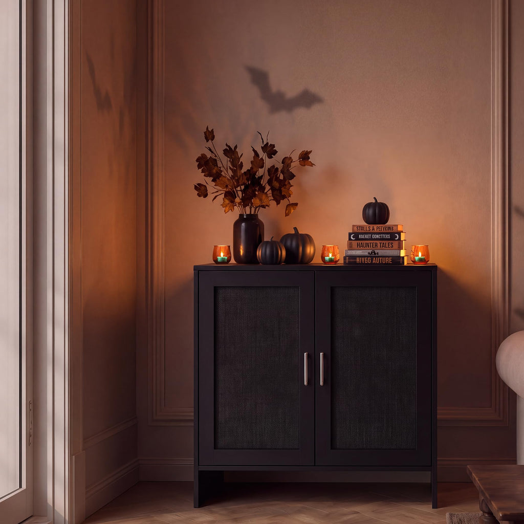Buffet Storage Cabinet, Farmhouse Sideboard with Black Rattan Doors & Adjustable Shelf, 31.5" Narrow Coffee Bar
