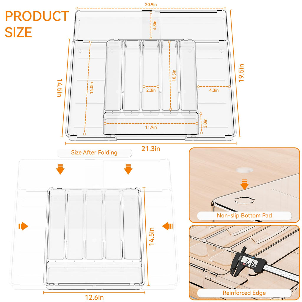 Clear Large Expandable Silverware Organizer and Kitchen Utensil Drawer Organizer,Plastic Adjustable Silverware Tray