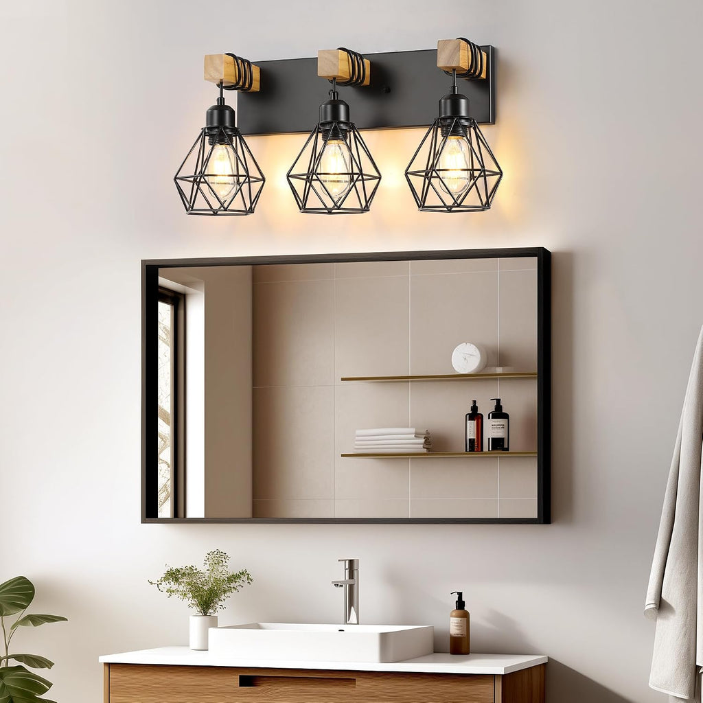 3 Light Bathroom Vanity Light, Farmhouse Black Fixture Over Mirror | Farmhouse Bathroom Light Fixtures, Wood & Metal