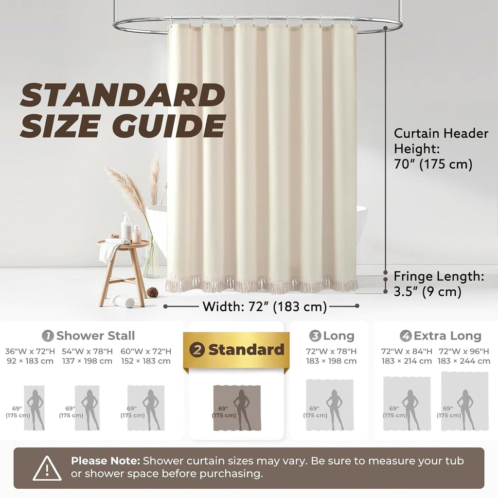 Linen Shower Curtain Boho Beige Shower Curtain with Tassels 72"W x 72"L | Thick linen-poly blend, soft textured
