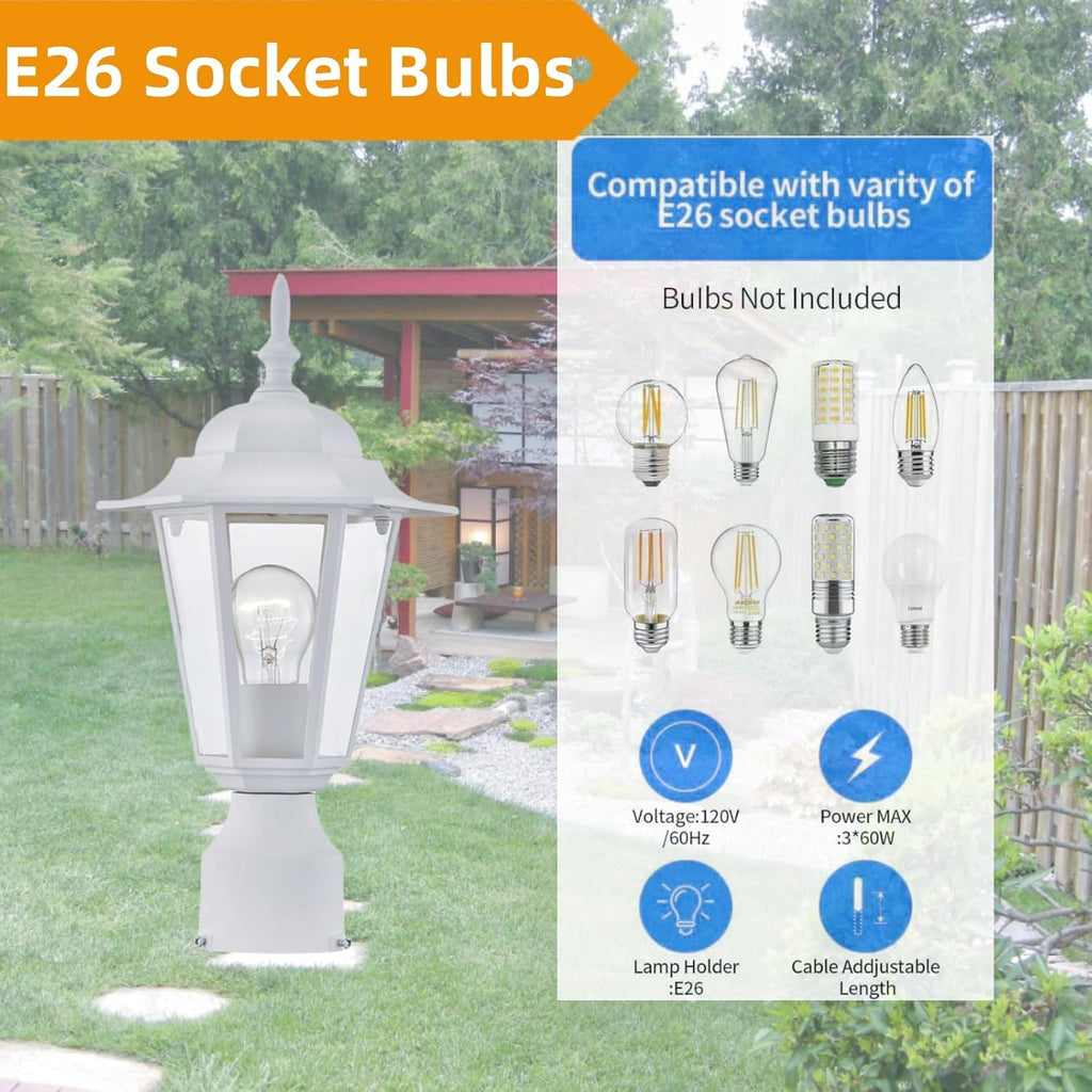 White Outdoor Post Light, Pole Lantern, E26 Base 60W Max, Aluminum Housing Plus Glass, Wet Location Rated