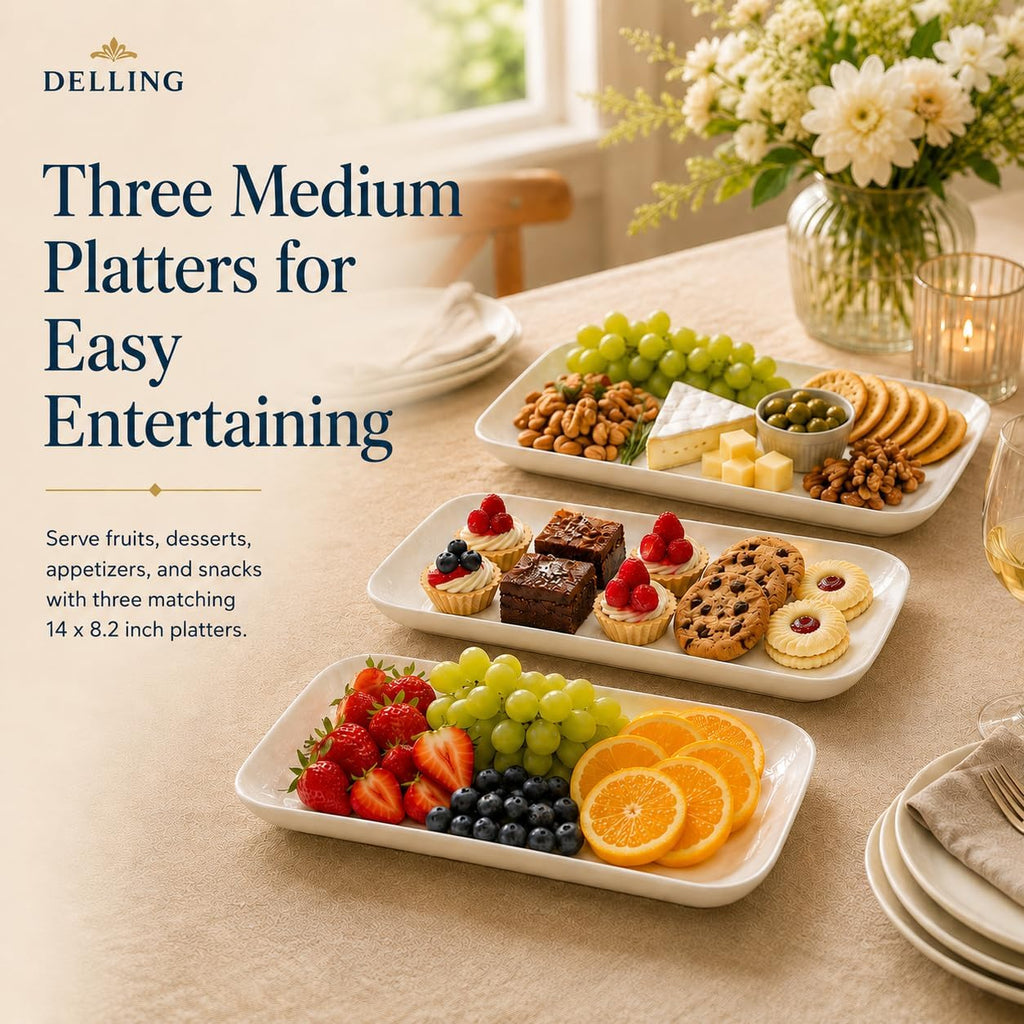 14 Inch Large Serving Platter Set of 3, White Porcelain Serving Trays for Entertaining, Rectangular Platters for