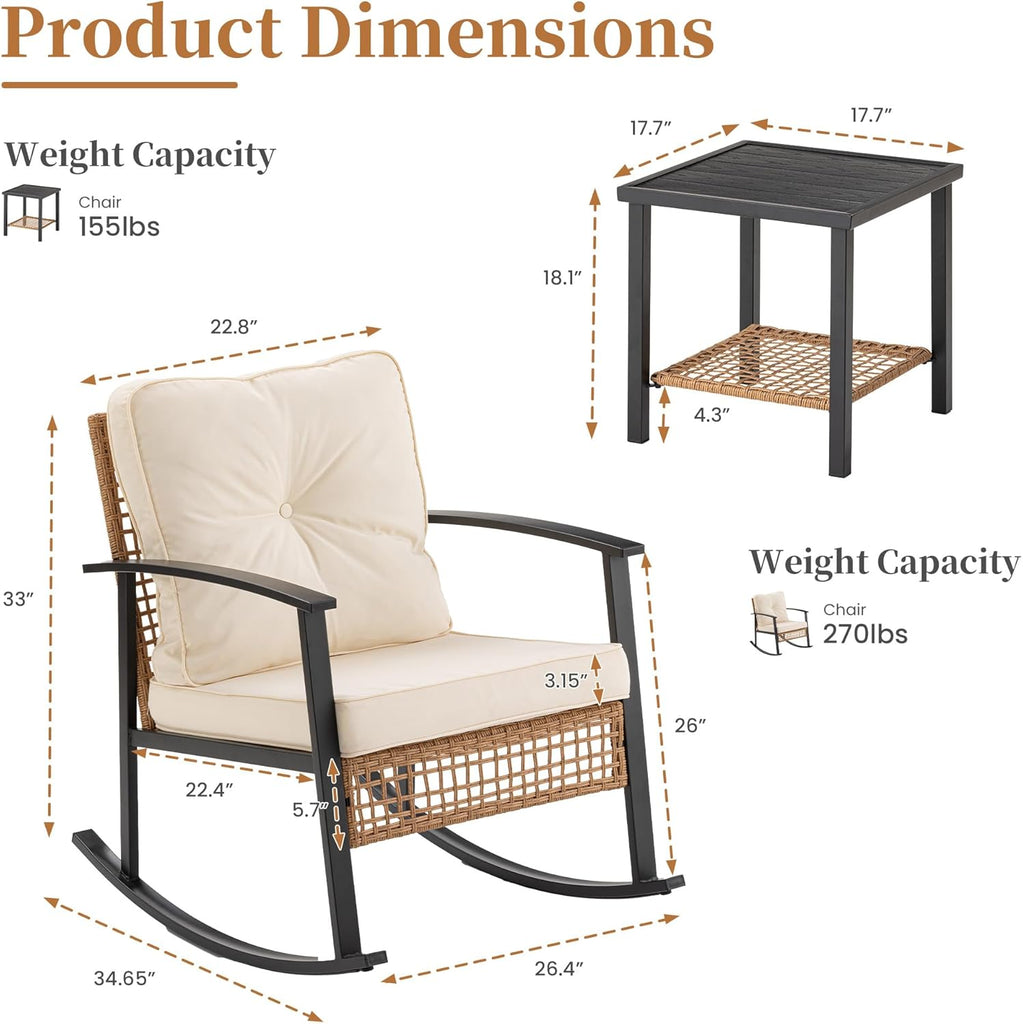 3-Piece Outdoor Rocking Chairs Bistro Set, Rattan Patio Furniture with Thick Warm Beige Cushions & 2-Tier Storage
