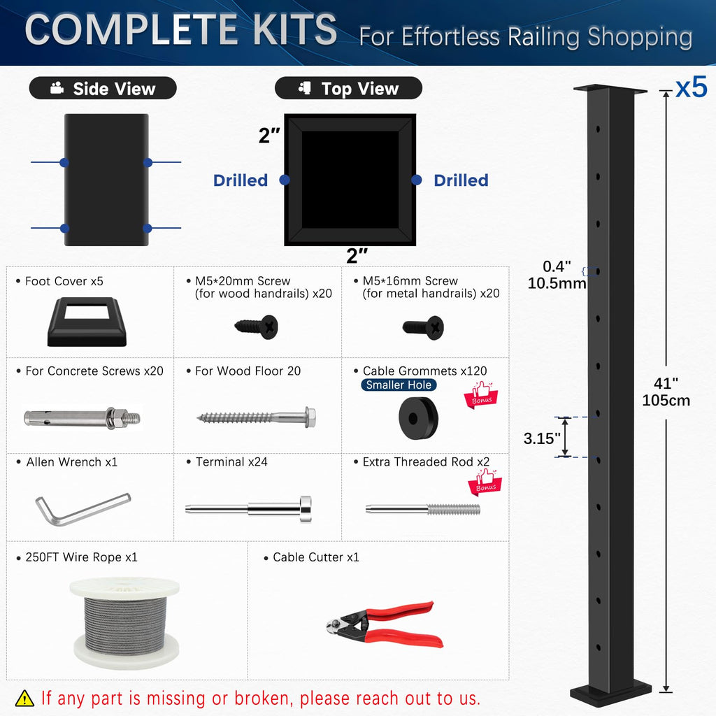 16-20FT Modular Cable Railing Post Kit for Deck Surface Mount 42Inch