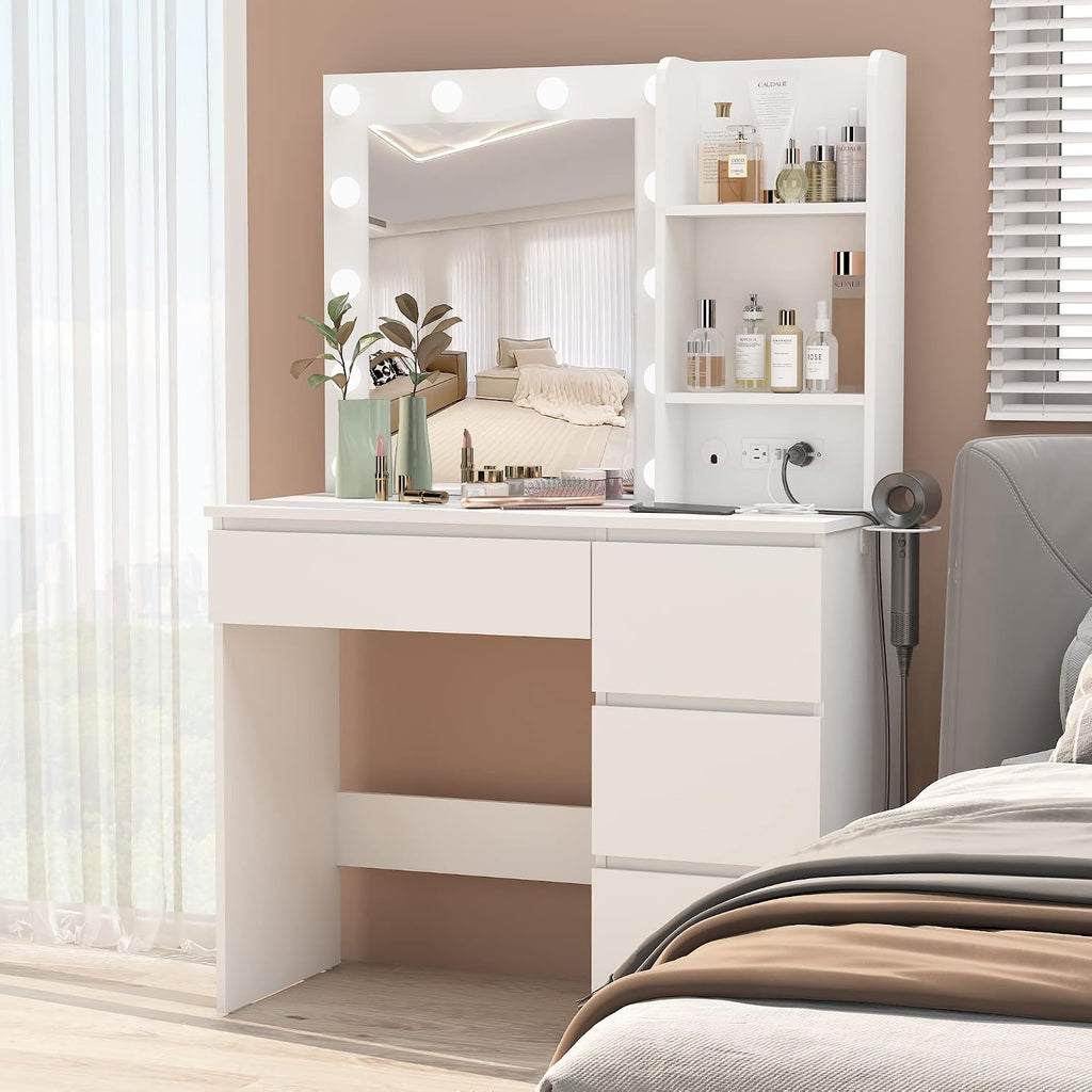 Makeup Vanity with Lights, 37inch Vanity Desk with Power Strip, 4 Drawers Makeup Table with Lighted Mirror, 3