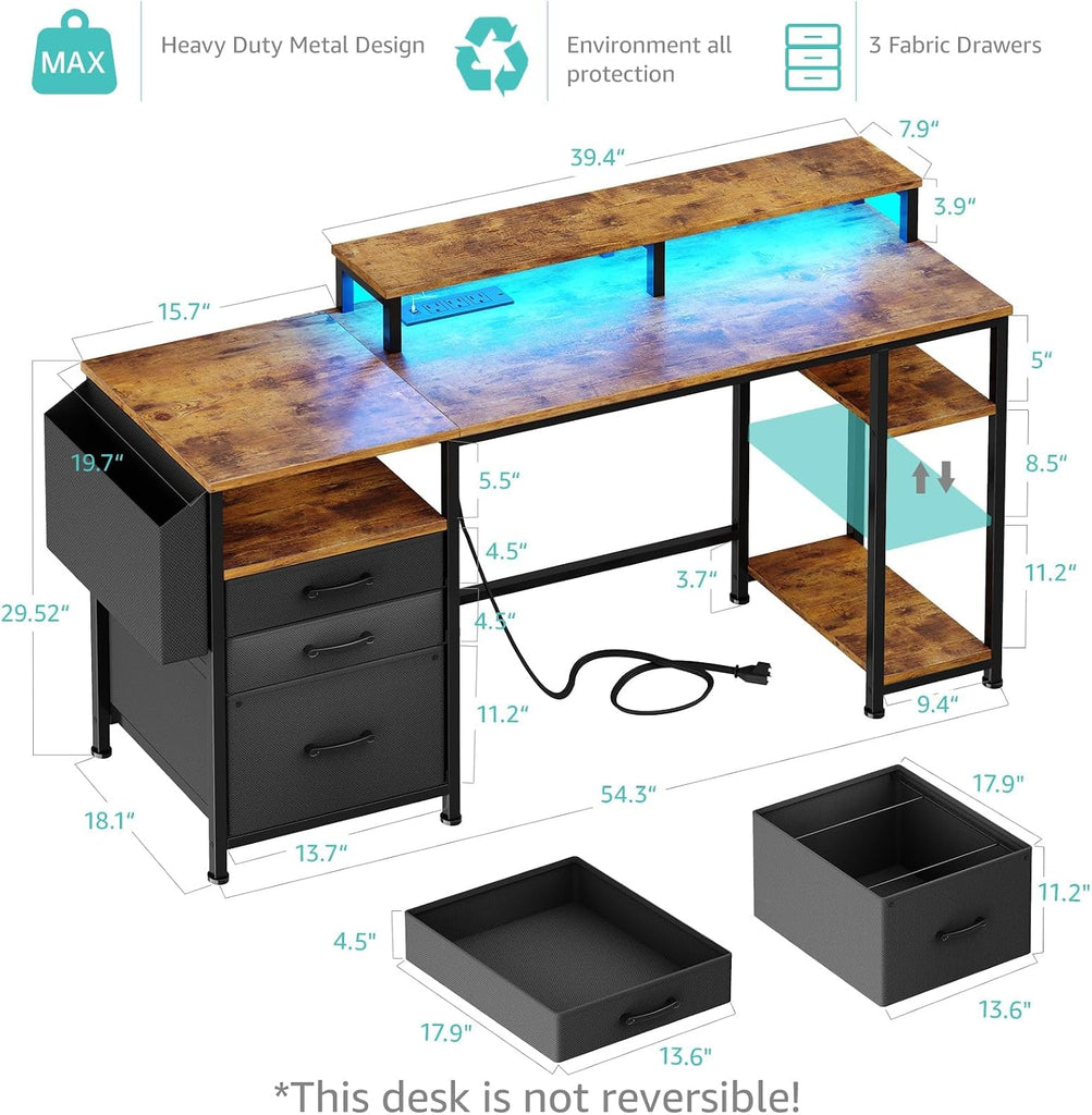 Gaming Desks with Led Lights and Power Outlets, 55 Inch Study Writing Computer Desk with Fabric File Drawers Cabinet