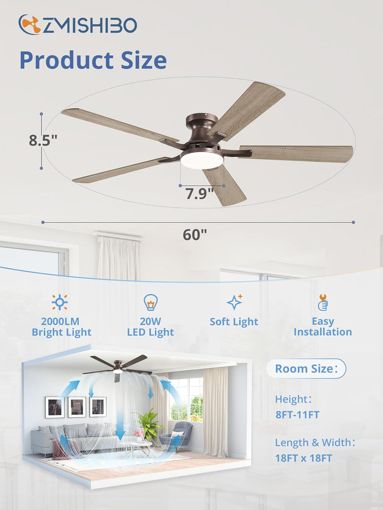 60 Inch Ceiling Fan with Light, App&Remote Control, Flush Mount Low Profile, Dimmable 20W LED Light, Quiet Reversible Motor for Bedroom, Living Room, Apartment, Brown
