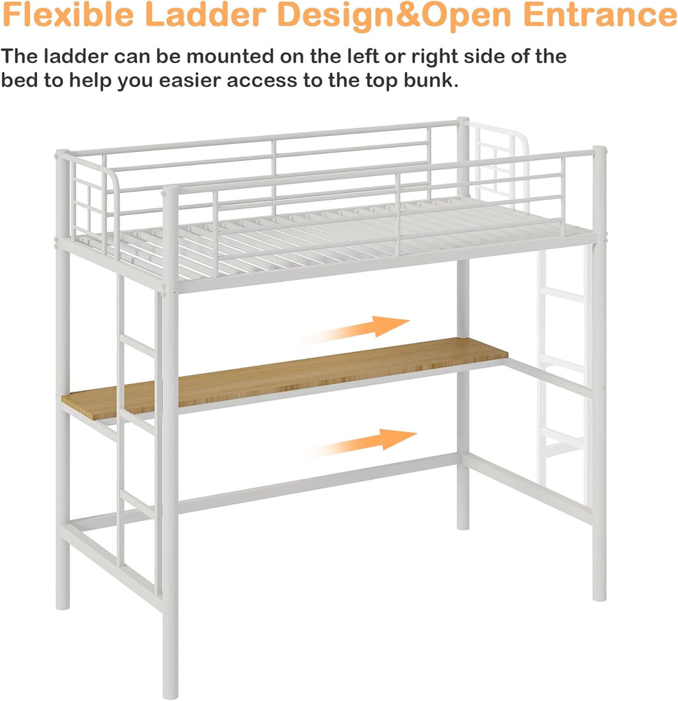 Loft Bed Twin with Desk, Metal Bedframe with Removable Ladder and Safety Guardrail, No Box Spring Needed, Space Saving