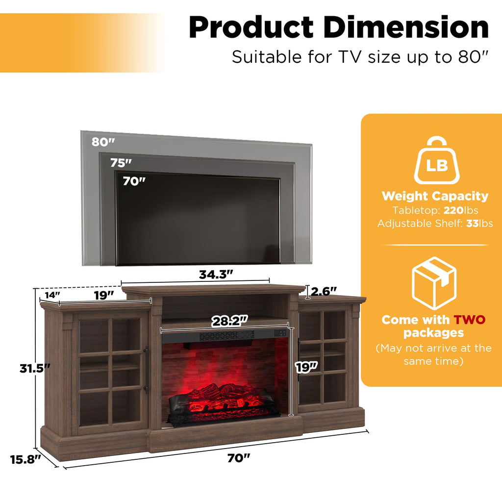 70" Farmhouse TV Stand with 28" Fireplace, Rustic Brown