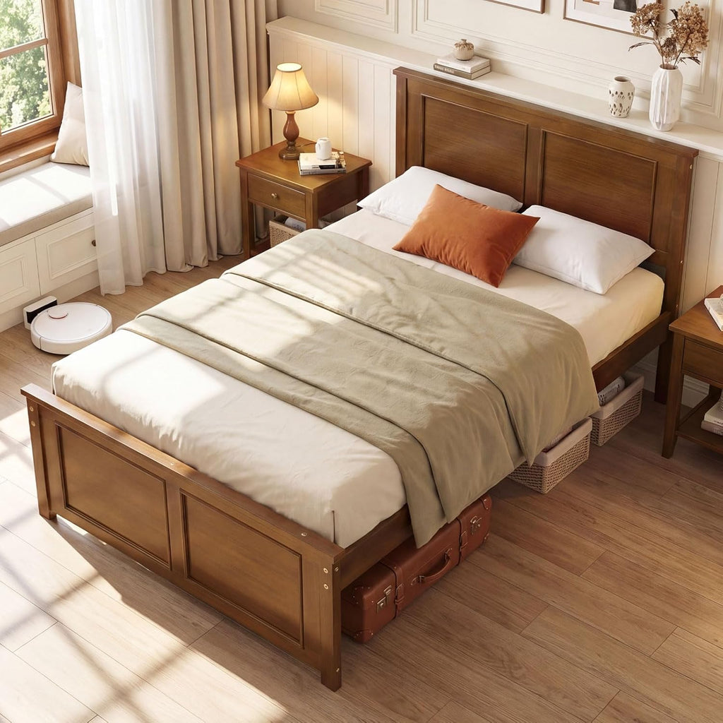 Wood Twin Bed Frames with Headboard, Farmhouse Solid Platform Bed w/Wooden Slat Support Mattress Foundation
