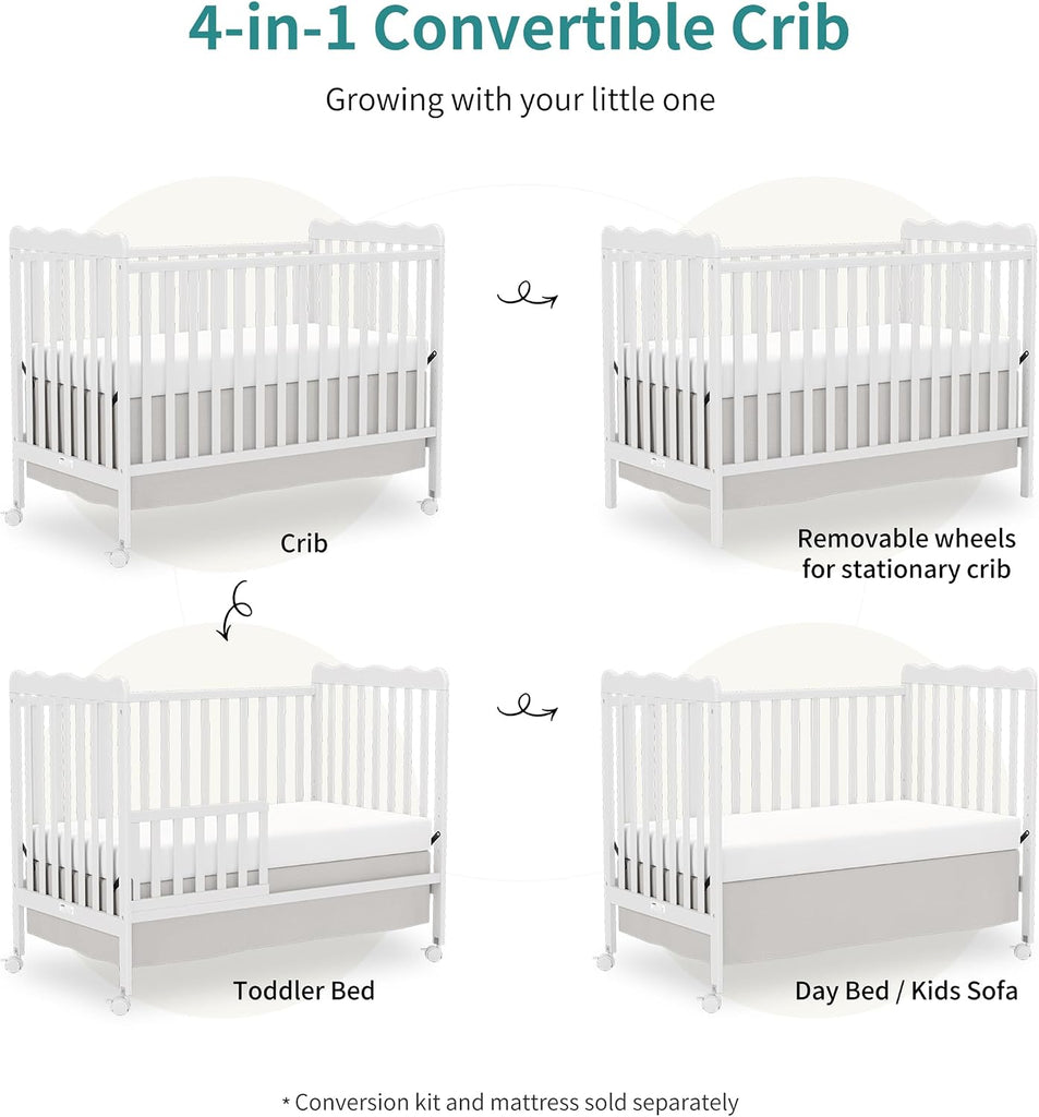 4-in-1 Convertible Wood Baby Crib, Toddler Bed & Daybed (White) | Locking Wheels, 3 Heights, Non-Toxic Finish, Easy