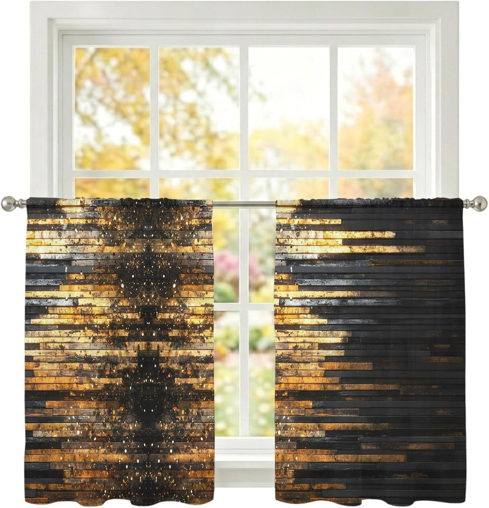 Sheer Curtains 45 Inches Long, Luxury Golden Black Light Filtering Window Curtains, Geometric Art Deco Modern Rod