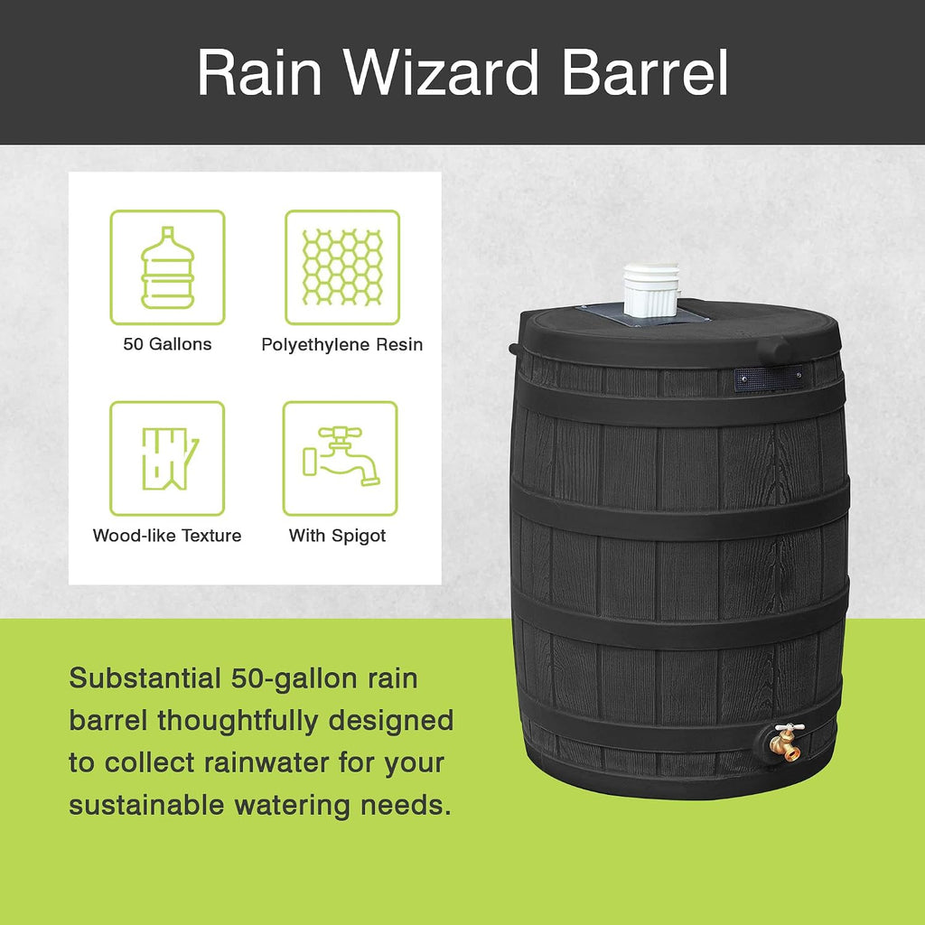 Rain Wizard 50 Gallon Water Collection Barrel & Soaker Hose | Black - Plastic Rain Barrel with Faux Wood Design